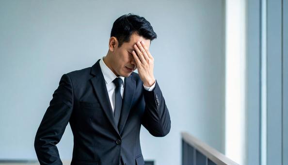 ストレスで顔をおおう日本人ビジネスマン ストレスで顔をおおう日本人ビジネスマンの写真