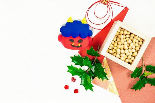 節分デザイン　升・豆・ヒイラギ・鬼 節分,厄払い,豆まきの写真素材