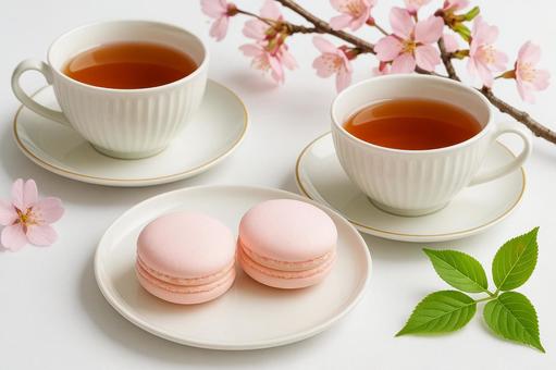桜とマカロンの春のティータイム 桜とマカロンの春のティータイムの写真