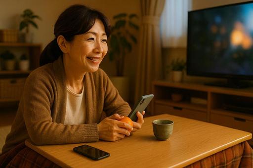 部屋でスマホを触る主婦 部屋でスマホを触る主婦の写真