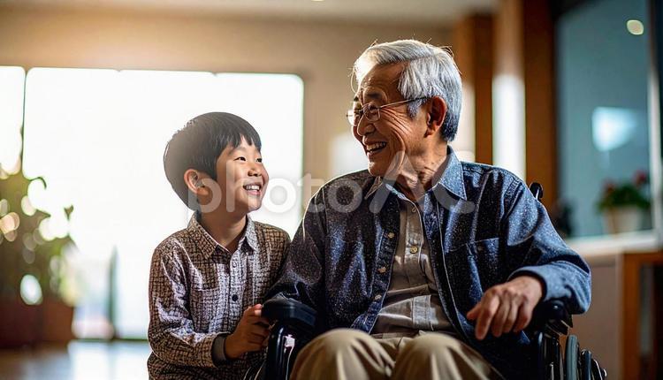介護施設のシニア男性と見舞いに来た家族 車いす,見舞い,シニア男性の写真素材