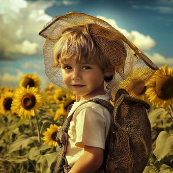 Boy wearing a bug net, sunflower, juvenile, flower, JPG