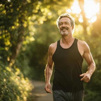 夕暮れ時に走る男性ランナー 夕暮れ時に走る男性ランナーの写真