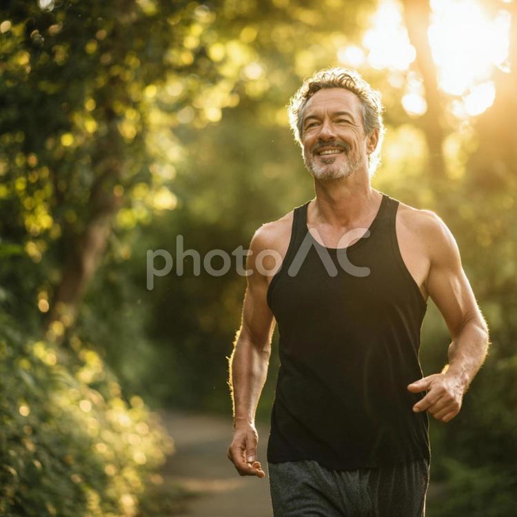 夕暮れ時に走る男性ランナー ランナー,男性,夕日の写真素材