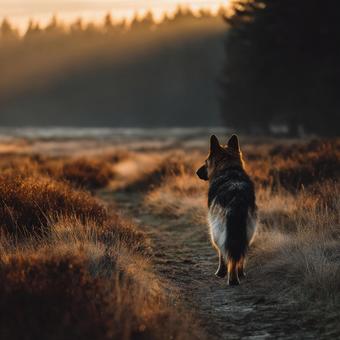 草原に佇むシェパードの後ろ姿 草原に佇むシェパードの後ろ姿の写真