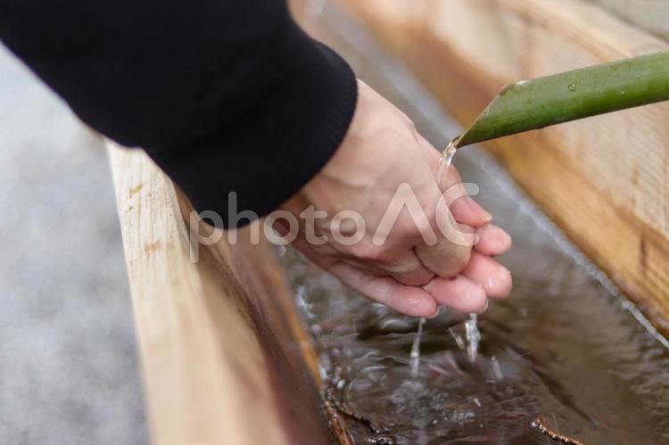 竹の手水舎で手を清める 竹,手水舎,手洗いの写真素材