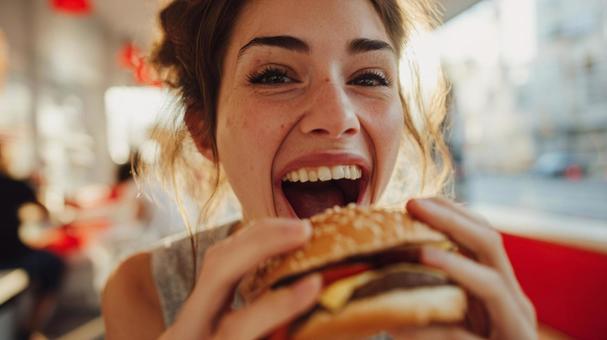 食欲旺盛な女性と美味しいハンバーガー 食欲旺盛な女性と美味しいハンバーガーの写真