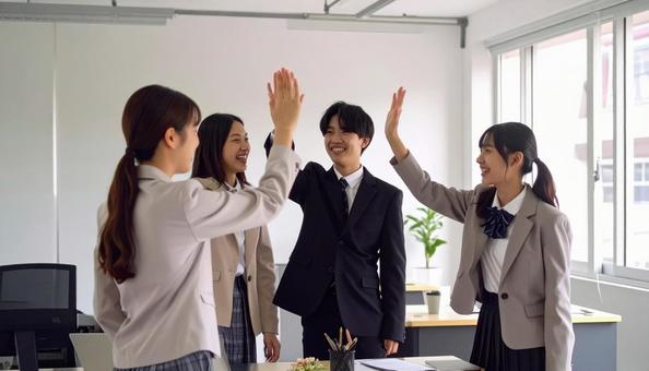 喜びを分かち合う学生 喜びを分かち合う学生の写真