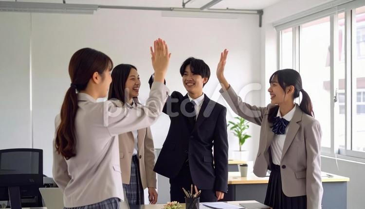 喜びを分かち合う学生 ハイタッチ,学生,高校生の写真素材