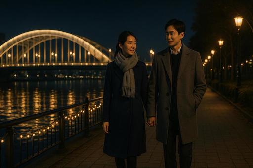 水辺の夜景を歩く男女 水辺の夜景を歩く男女の写真