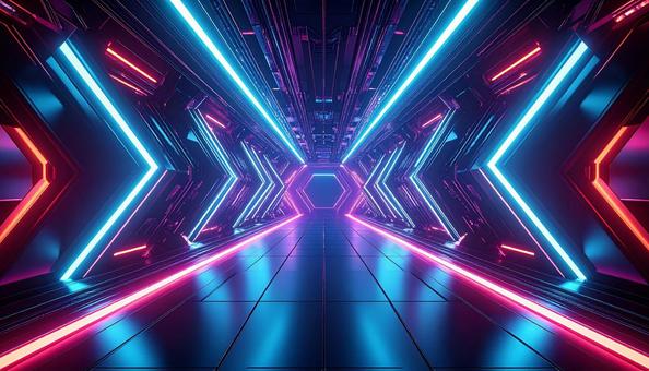 ネオンライトの未来的トンネルの写真