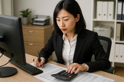 経理処理をする女性社員 経理処理をする女性社員の写真
