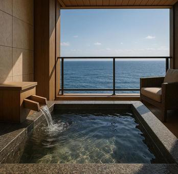 海が見える露天風呂付き高級旅館の客室 海が見える露天風呂付き高級旅館の客室の写真