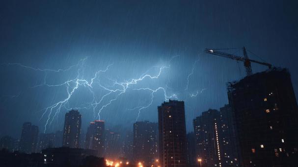 雷雨の都市夜景 雷雨の都市夜景の写真