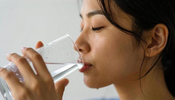 コップの水を飲み水分補給する女性 コップの水を飲み水分補給する女性の写真
