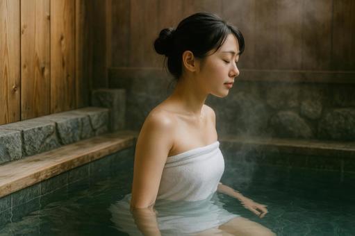 水風呂に入る女性の横顔 水風呂に入る女性の横顔の写真