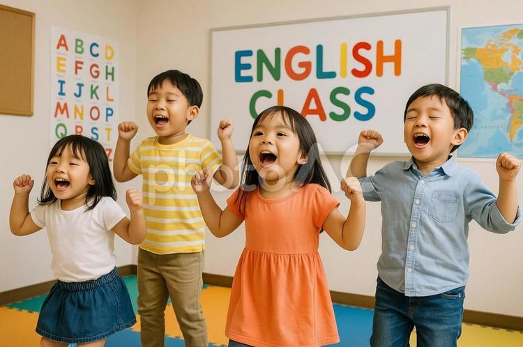 英会話教室で歌う幼児 未就学児,早期学習,英語学習の写真素材