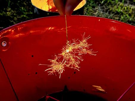 赤いバケツと線香花火 赤いバケツと線香花火の写真