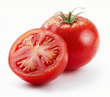 まるごとトマトと切られた半分のトマト まるごとトマトと切られた半分のトマトの写真