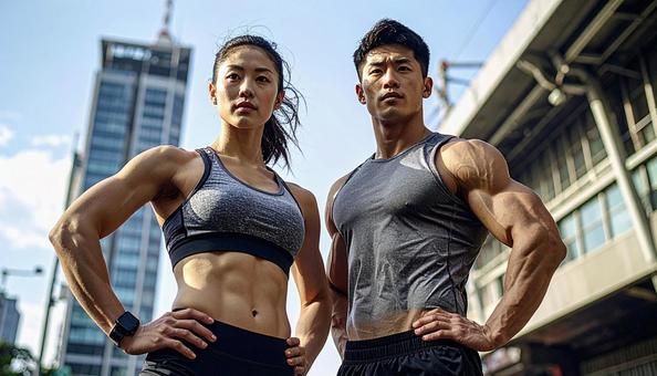 鍛え上げられた体でポーズをとる男女の写真