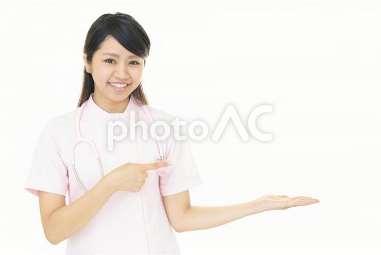 掌を見せる笑顔の看護師 女性,女,看護師の写真素材