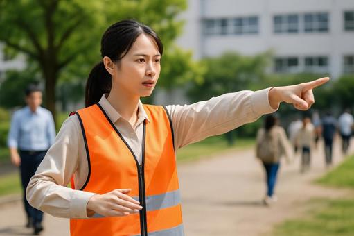 防災訓練で避難誘導する女性 防災訓練で避難誘導する女性の写真