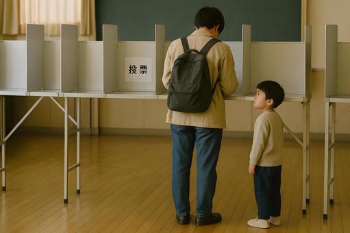 投票所での親子の写真