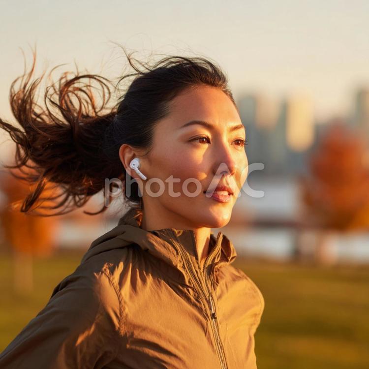 夕暮れ時に走るアジア人女性ランナー ジョギング,女性,自然の写真素材