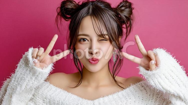 可愛くウインクする女性のポートレート ピース,ウインク,女性の写真素材