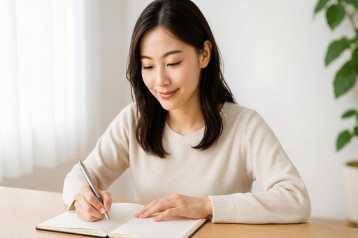 手帳や日記を丁寧に書く丁寧な暮らしの女性 手帳や日記を丁寧に書く丁寧な暮らしの女性の写真
