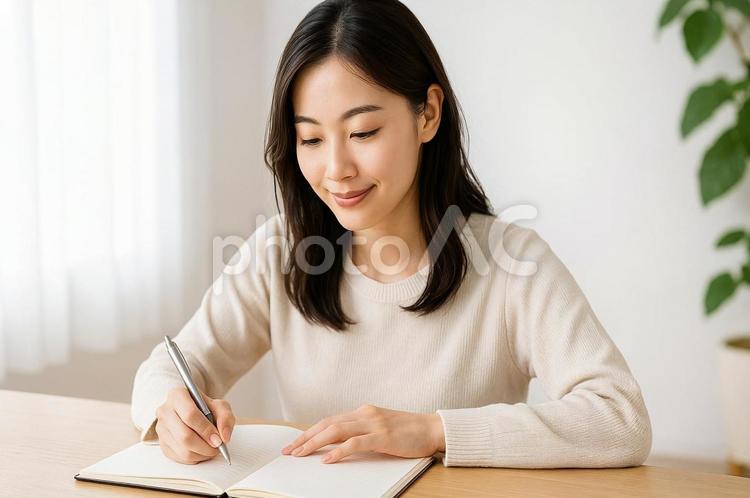 手帳や日記を丁寧に書く丁寧な暮らしの女性 手帳,日記,女性の写真素材