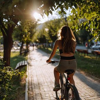 夏の木漏れ日の中自転車に乗る少女の後ろ姿 夏の木漏れ日の中自転車に乗る少女の後ろ姿の写真