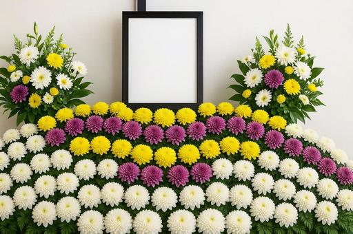菊の祭壇と遺影フレーム・葬儀・供花・弔事 菊の祭壇と遺影フレーム・葬儀・供花・弔事の写真