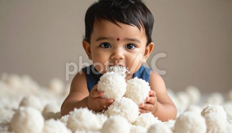 赤ちゃんとふわふわ 赤ちゃん,赤ん坊,子どもの写真素材