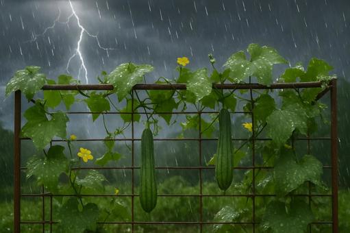 雨に濡れるヘチマ棚 雨に濡れるヘチマ棚の写真