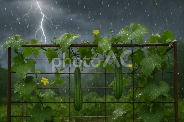 雨に濡れるヘチマ棚 ヘチマ,雨粒,雷の写真素材