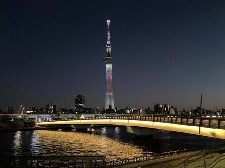 墨田川から見えるスカイツリーと橋の夜景 隅田川,スカイツリー,橋の写真素材