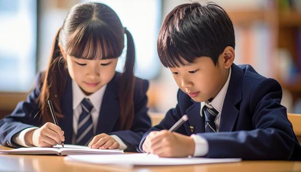 学校の教室で勉強している小学生2人 学校の教室で勉強している小学生2人の写真
