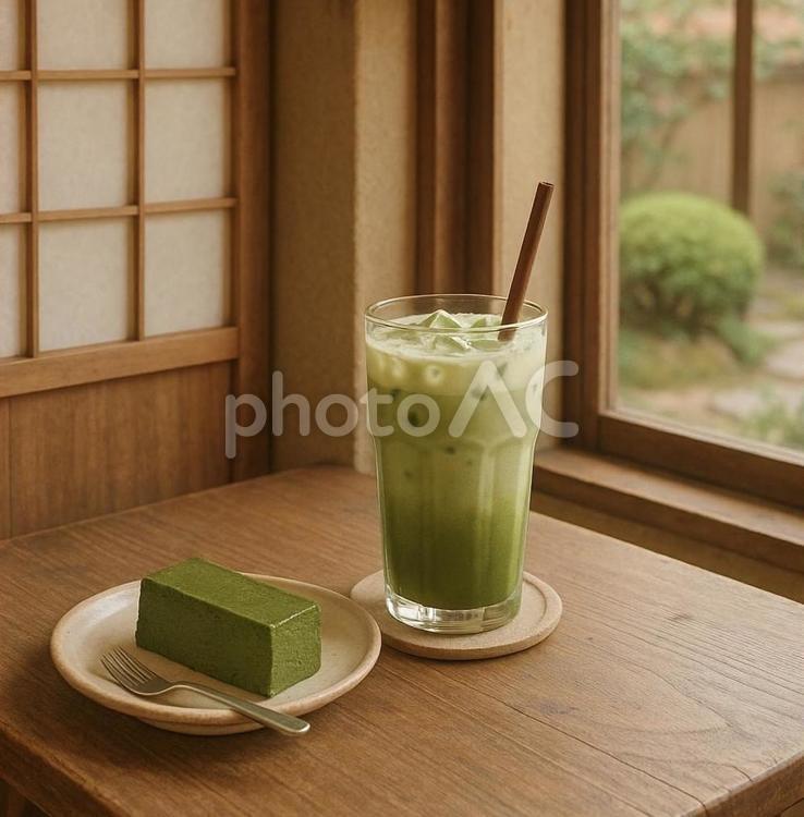 静けさに溶け込む、抹茶のひととき 抹茶,アイス抹茶オレ,抹茶テリーヌの写真素材
