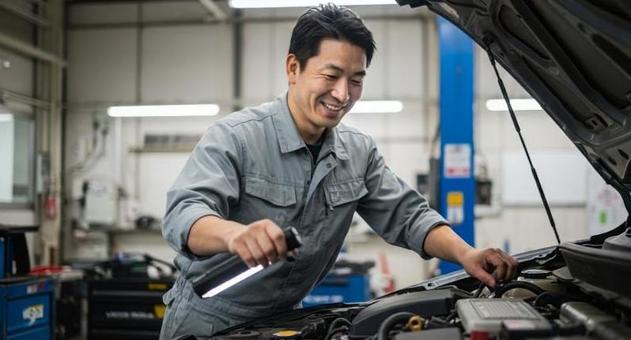 Asian mechanic inspecting and explaining a car, the whole person, automobile, car, JPG