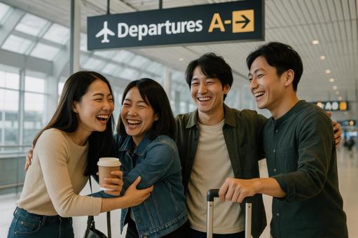 出発ロビーで集合する日本人の友人グループ 出発ロビーで集合する日本人の友人グループの写真