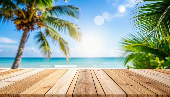 光り輝く夏の海とウッドデッキ 光り輝く夏の海とウッドデッキの写真