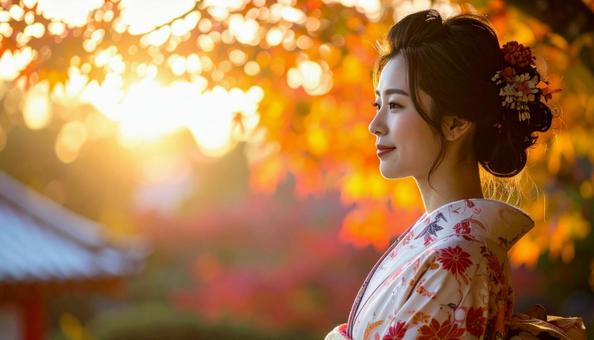 紅葉を眺める晴れ着姿の女性のポートレートの写真