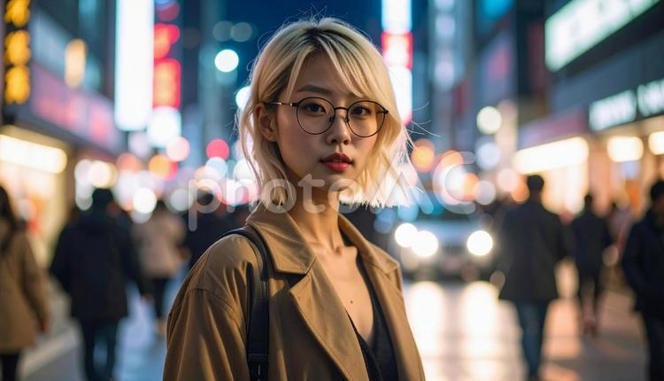 メガネをかけている金髪の日本人ギャル メガネ,金髪,日本人の写真素材
