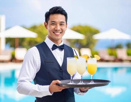 お飲み物をお持しました・リゾートスタッフ お飲み物をお持しました・リゾートスタッフの写真