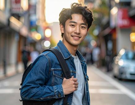 商店街のリュックを背負った若い大学生 商店街のリュックを背負った若い大学生の写真