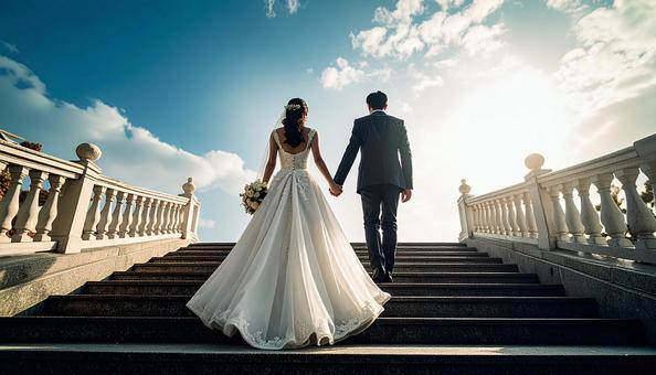 手をつないで階段を上っていく新郎新婦 手をつないで階段を上っていく新郎新婦の写真