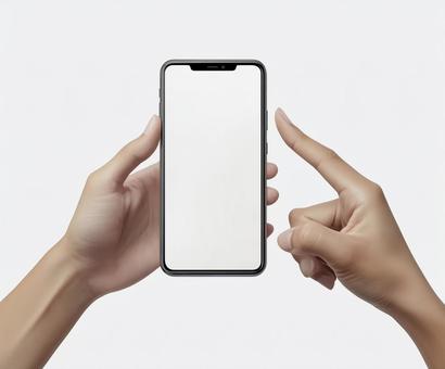 A hand holding a smartphone with a white screen and pointing at it, smartphone, people, hand, JPG