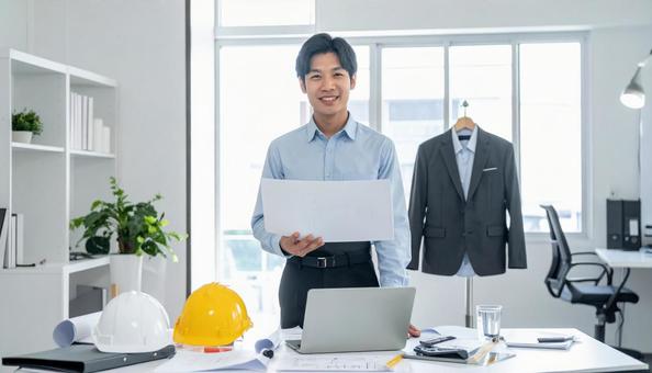 事務所で働く作業服の新入社員ビジネスマン 事務所で働く作業服の新入社員ビジネスマンの写真