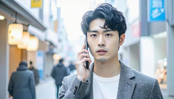 困った表情で電話する若者 困った表情で電話する若者の写真